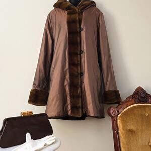 Dennis Basso Chocolate Brown Coat Large Faux Fur Hood Tafetta jacket